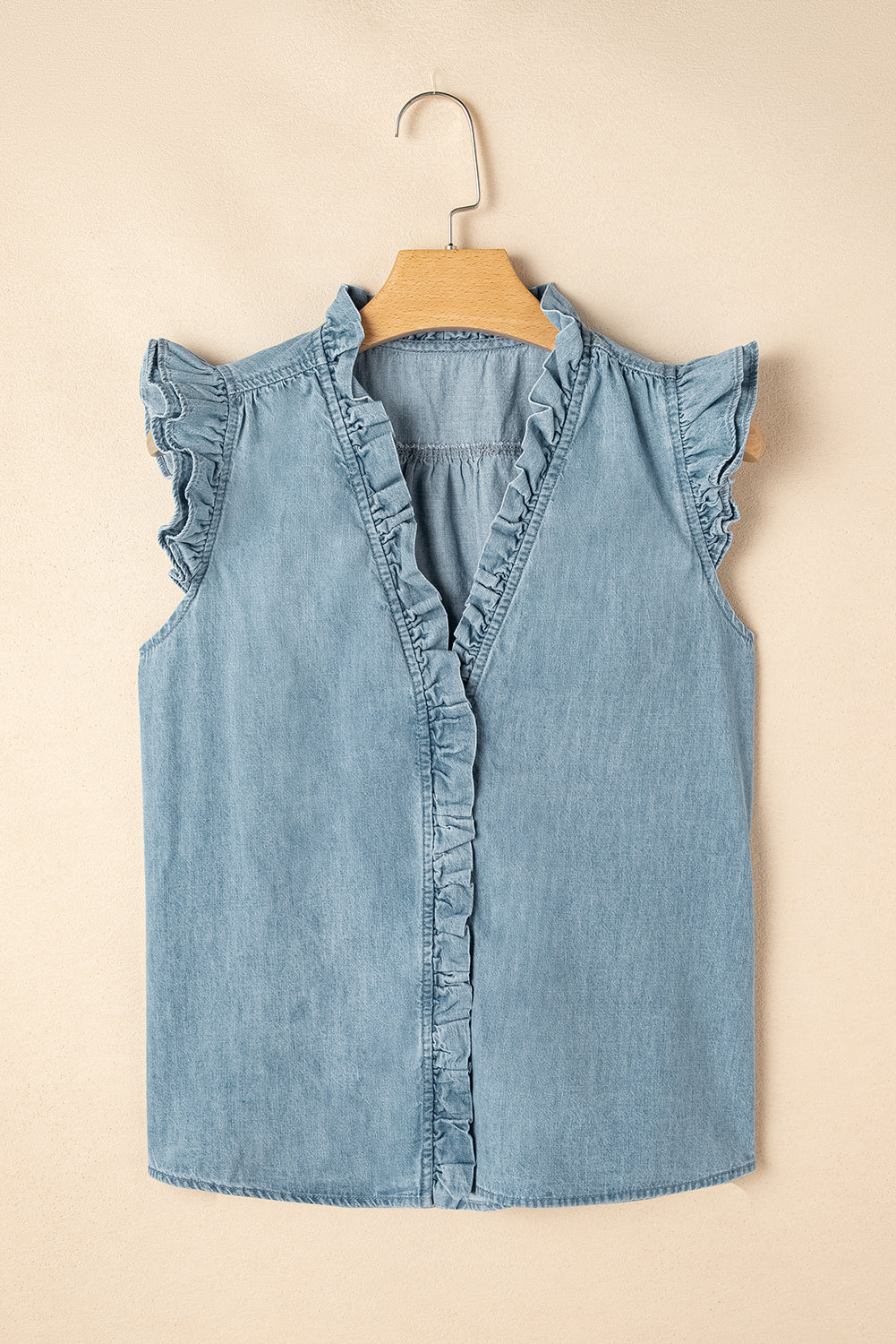 Beau Blue Frilly Ruffle Trim V Neck Chambray Tank Top-Tops/Tank Tops-[Adult]-[Female]-2022 Online Blue Zone Planet