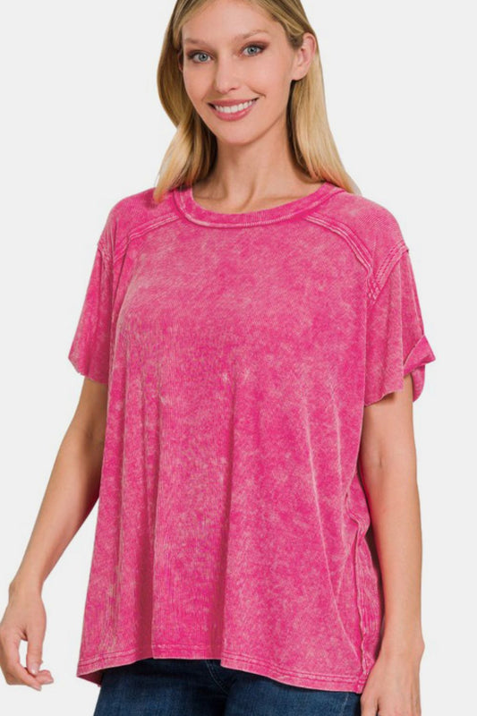 Zenana Washed Ribbed Short Sleeve Top-TOPS / DRESSES-[Adult]-[Female]-Hot Pink-S/M-2022 Online Blue Zone Planet