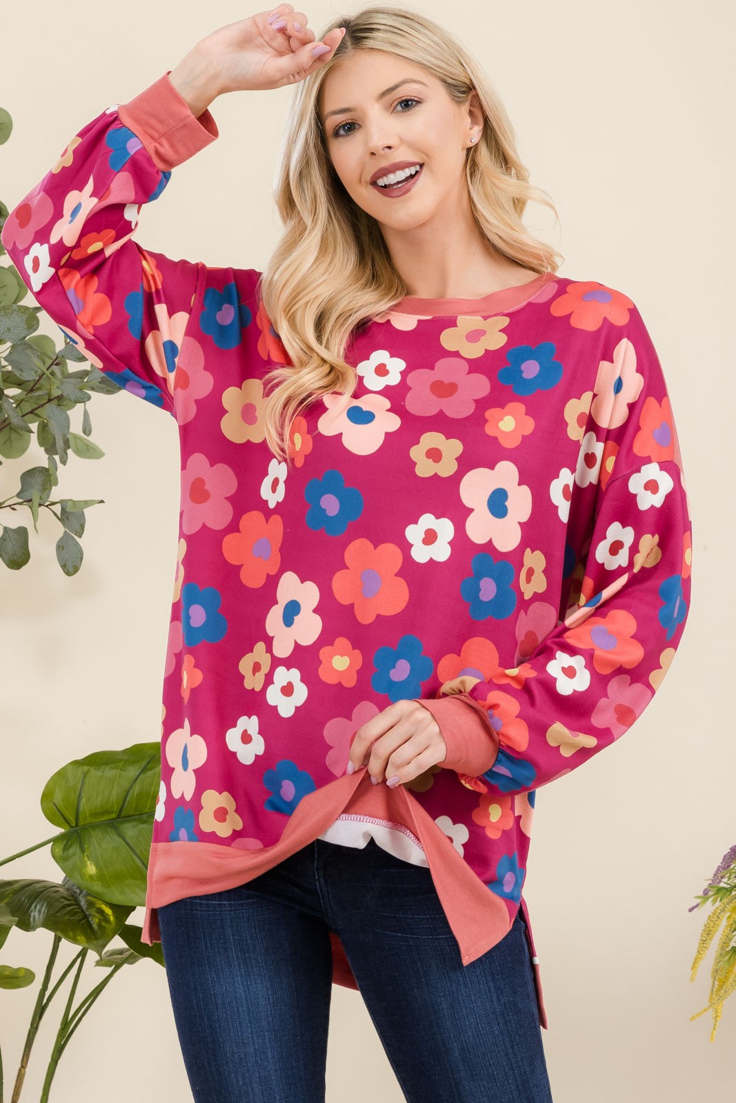 Blue Zone Planet | Celeste Full Size Side Slit Flower Print Long Sleeve Top-TOPS / DRESSES-[Adult]-[Female]-Fuchsia Floral-S-2022 Online Blue Zone Planet