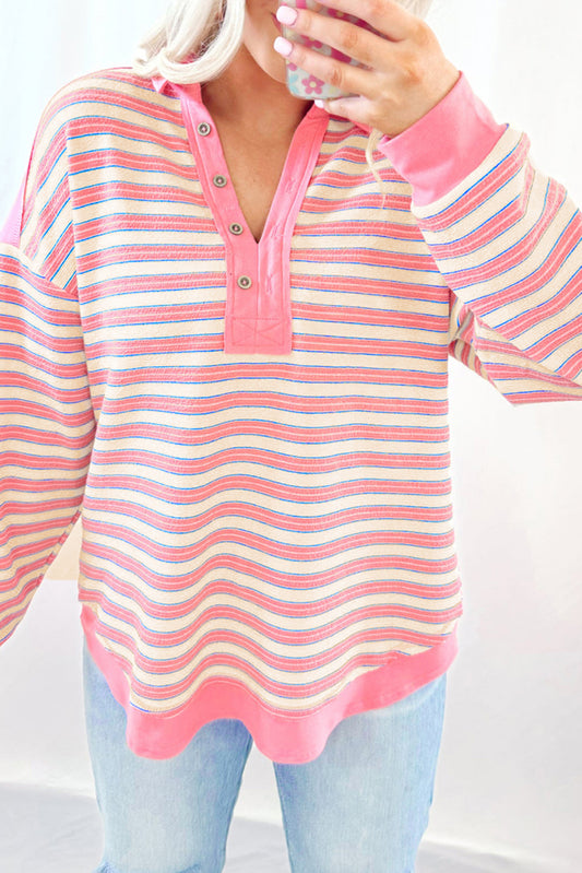 Pink Stripe Collared V Neck Drop Shoulder Top-Long Sleeve Tops-[Adult]-[Female]-Pink Stripe-S-2022 Online Blue Zone Planet