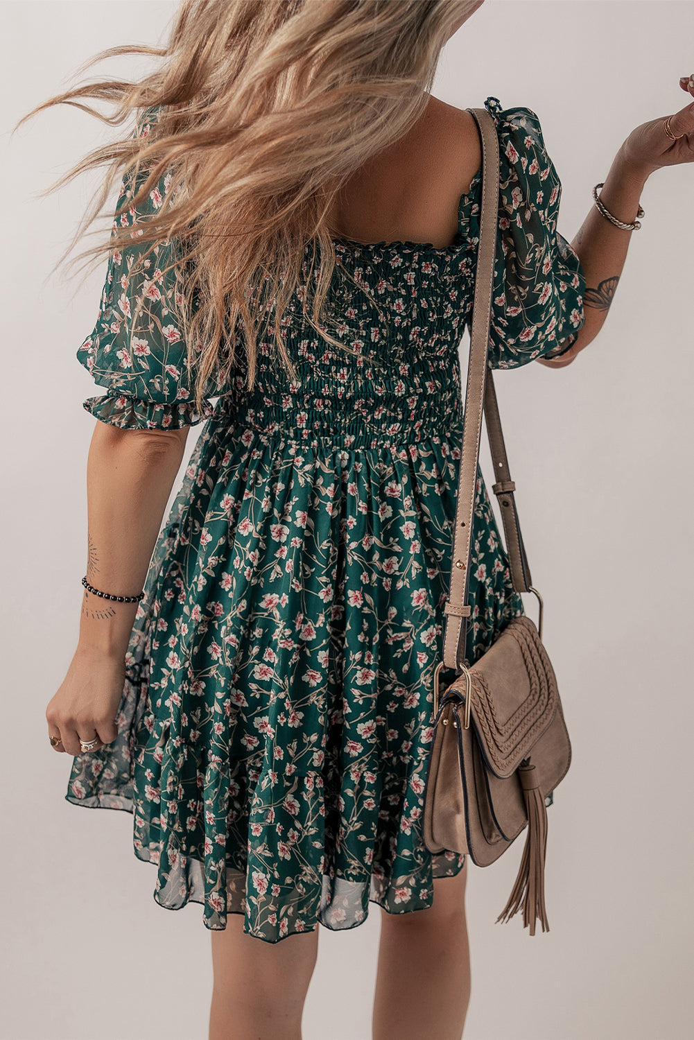 Green Smocked Square Neck Puff Short Sleeve Floral Dress-TOPS / DRESSES-[Adult]-[Female]-2022 Online Blue Zone Planet