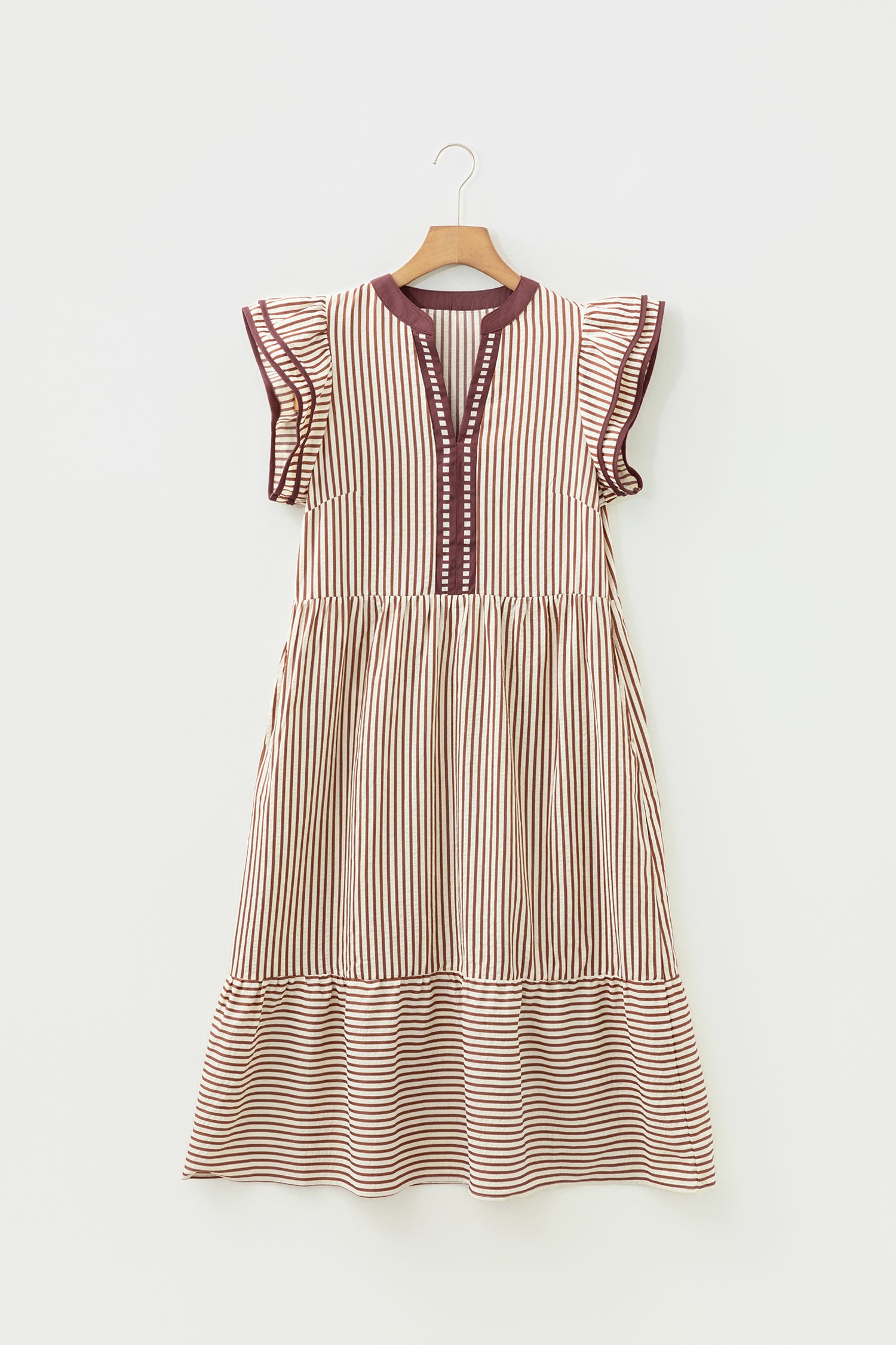 Brown Stripe Double Ruffled Short Sleeve Contrast Trim V Neck Midi Dress-TOPS / DRESSES-[Adult]-[Female]-2022 Online Blue Zone Planet
