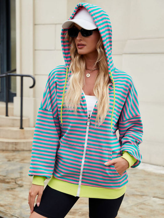 Drawstring Striped Zip Up Long Sleeve Hoodie-TOPS / DRESSES-[Adult]-[Female]-Green/Pink-S-2022 Online Blue Zone Planet