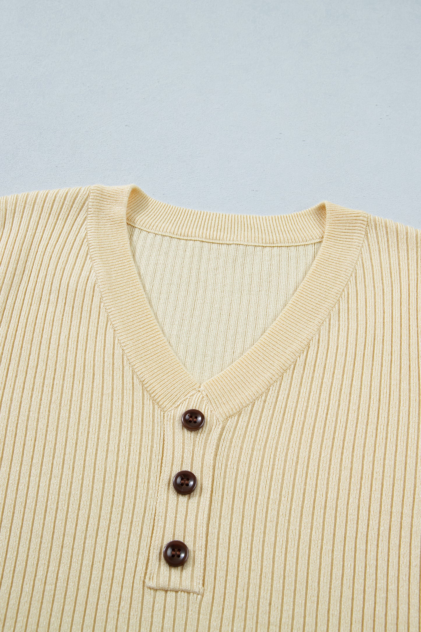 Apricot V Neck Ribbed Knit Striped Trim Short Sleeve Sweater-Sweaters & Cardigans/Short Sleeve Sweaters-[Adult]-[Female]-2022 Online Blue Zone Planet