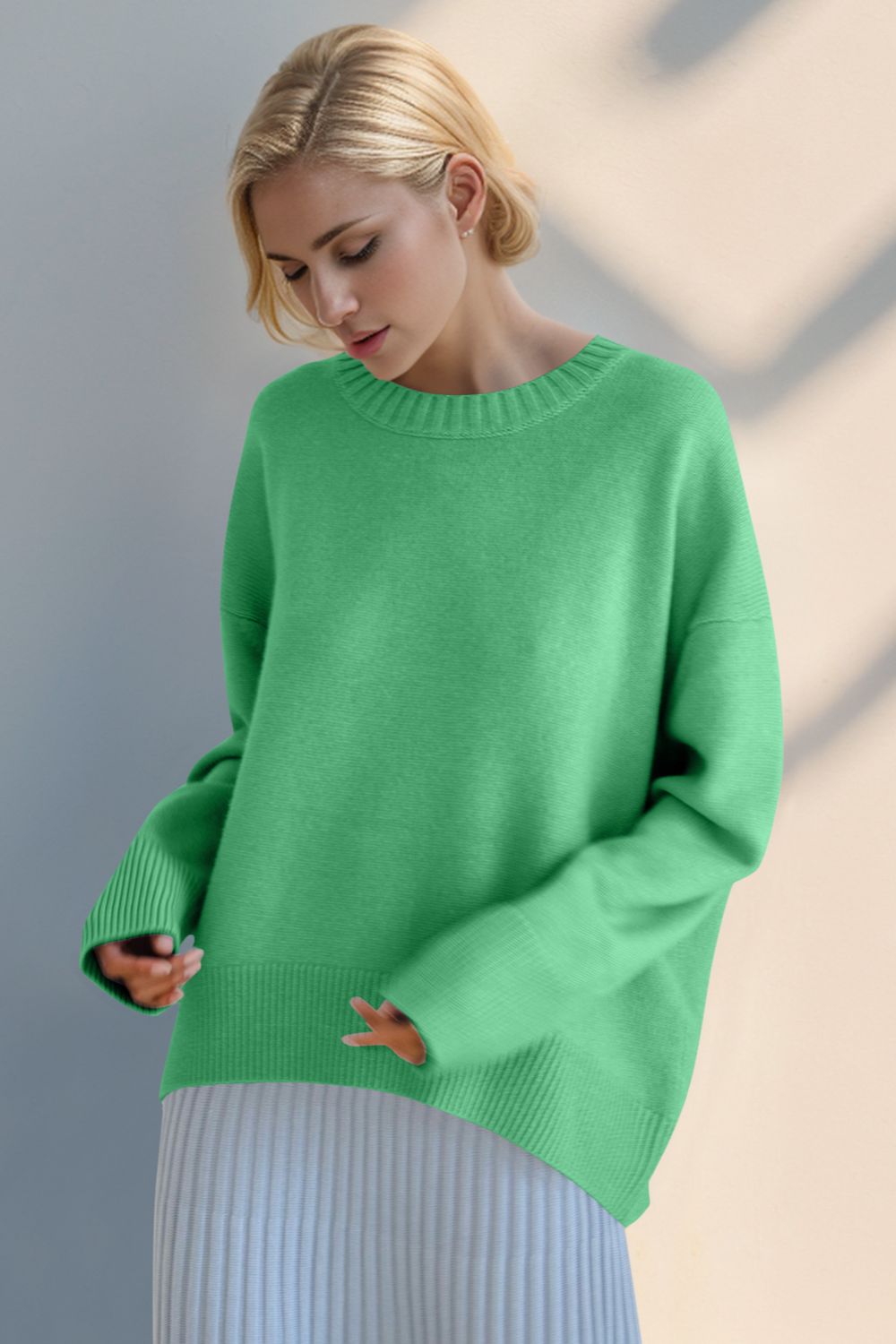 Basic Bae Round Neck Dropped Shoulder Sweater-TOPS / DRESSES-[Adult]-[Female]-Neon Green-One Size-2022 Online Blue Zone Planet