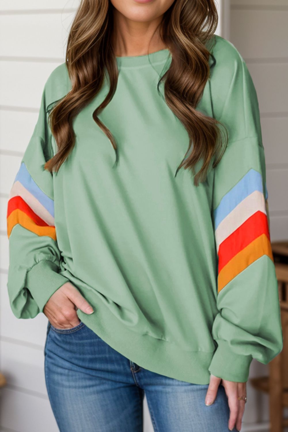 Contrast Round Neck Long Sleeve Sweatshirt-TOPS / DRESSES-[Adult]-[Female]-Sage-S-2022 Online Blue Zone Planet