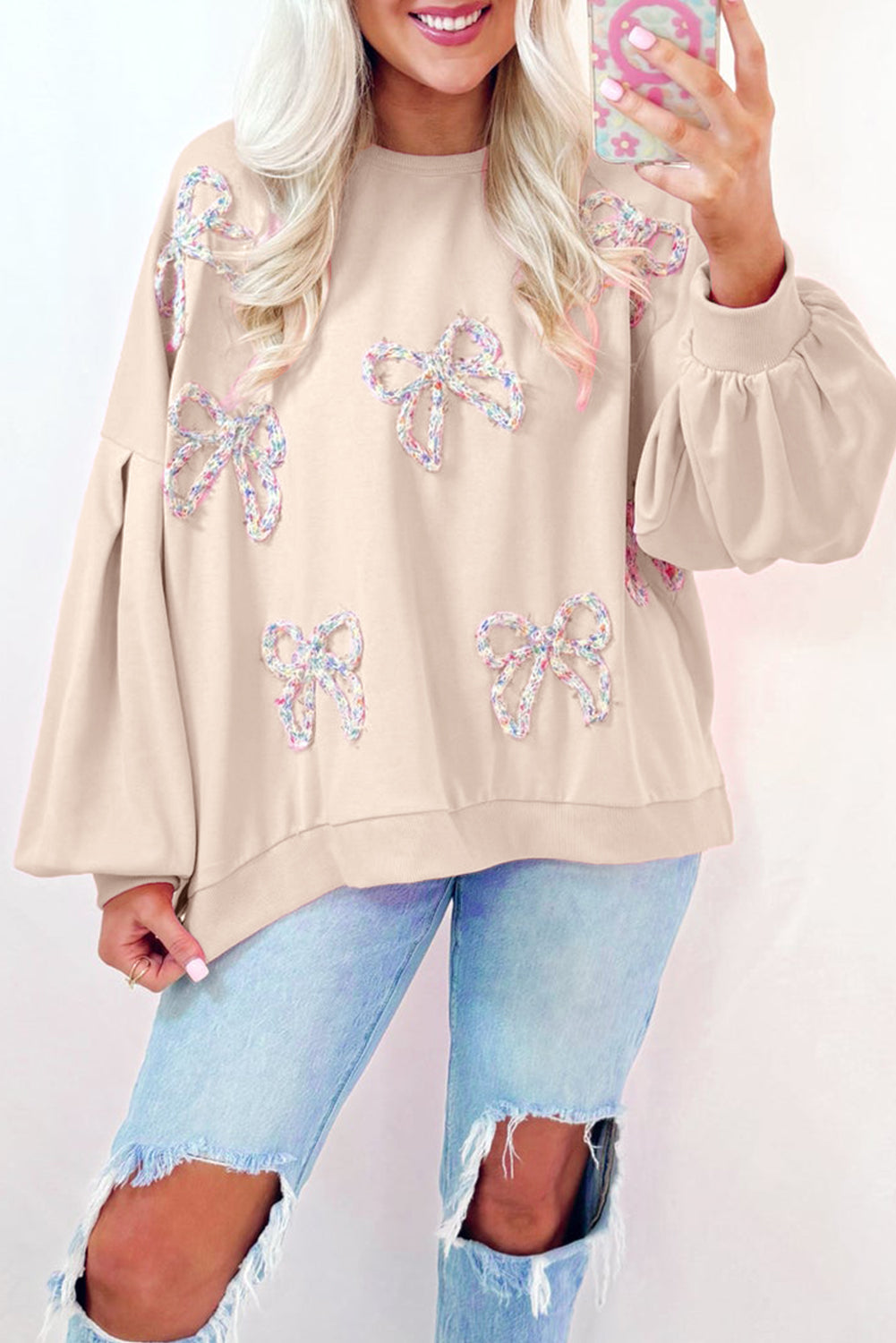 Light Pink Embroidered Bow Lantern Sleeve Oversized Pullover Sweatshirt-Tops/Sweatshirts & Hoodies-[Adult]-[Female]-Parchment-S-2022 Online Blue Zone Planet