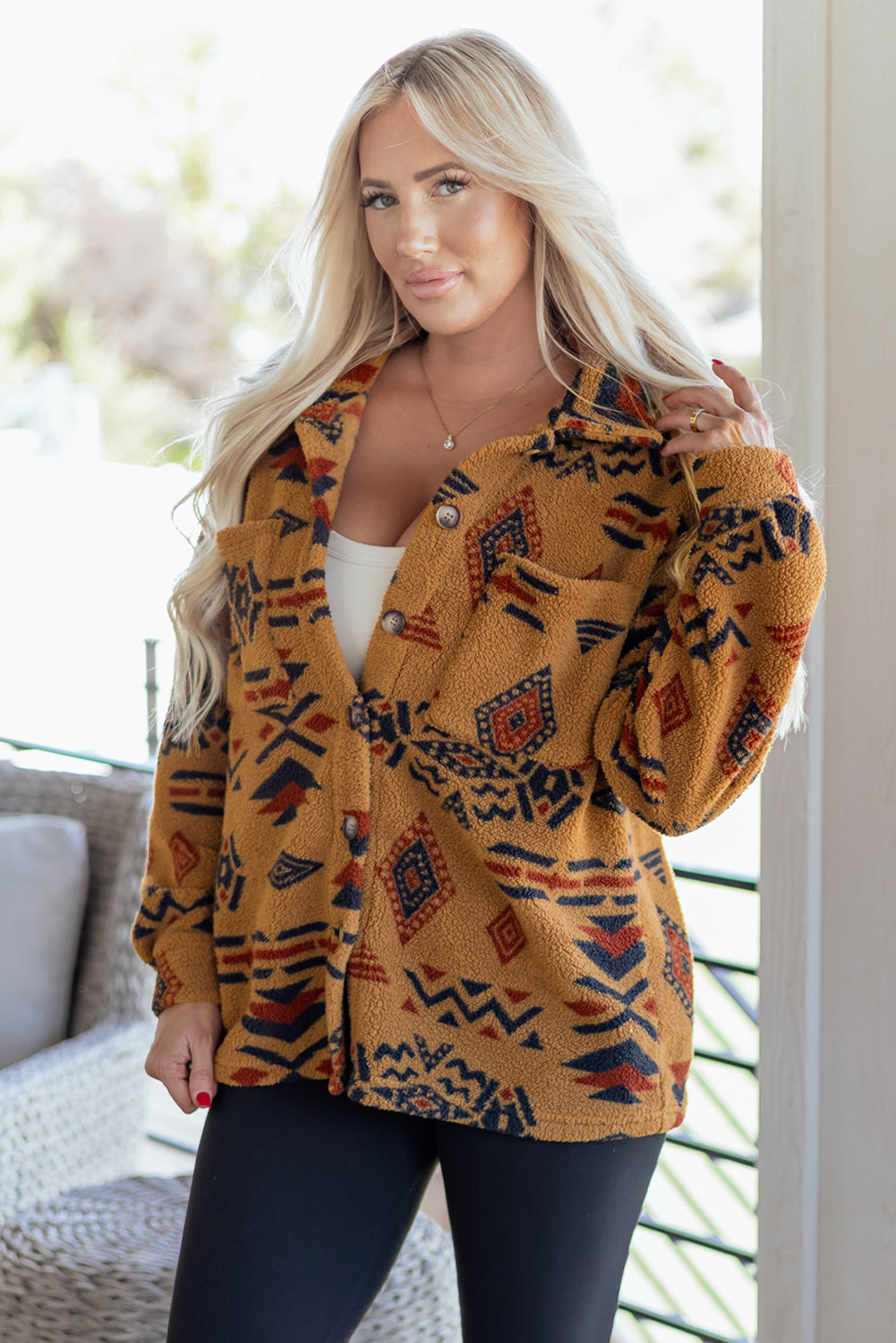 Khaki Western Aztec Pattern Fleece Shacket-TOPS / DRESSES-[Adult]-[Female]-2022 Online Blue Zone Planet