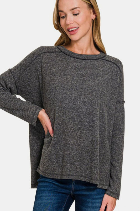 Zenana Full Size Exposed Seam Brushed Round Neck Sweater-TOPS / DRESSES-[Adult]-[Female]-Black-S/M-2022 Online Blue Zone Planet