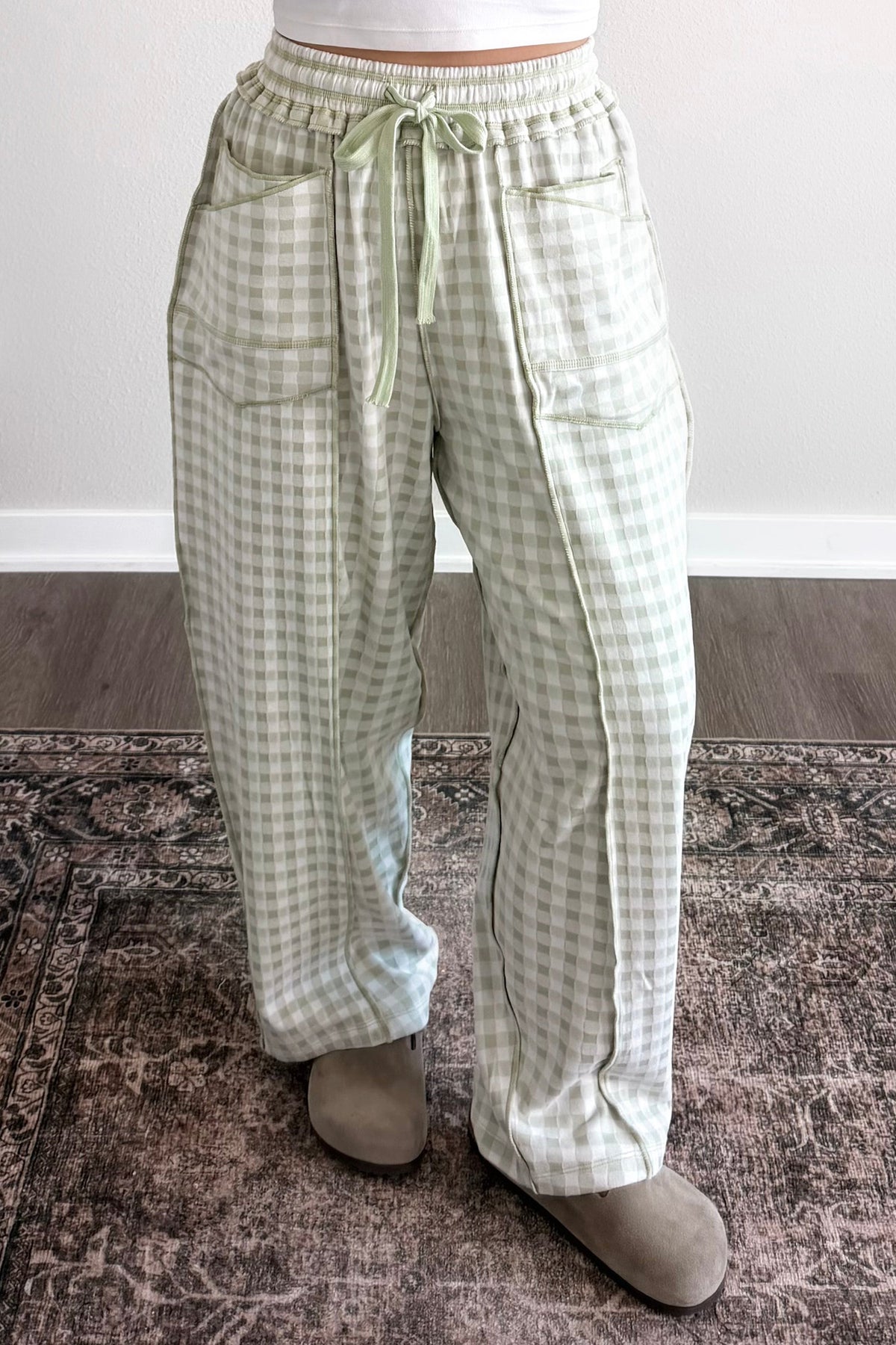 Red Plaid Contrast Trim Drawstring Elastic Waist Shift Pants-Bottoms/Pants & Culotte-[Adult]-[Female]-2022 Online Blue Zone Planet