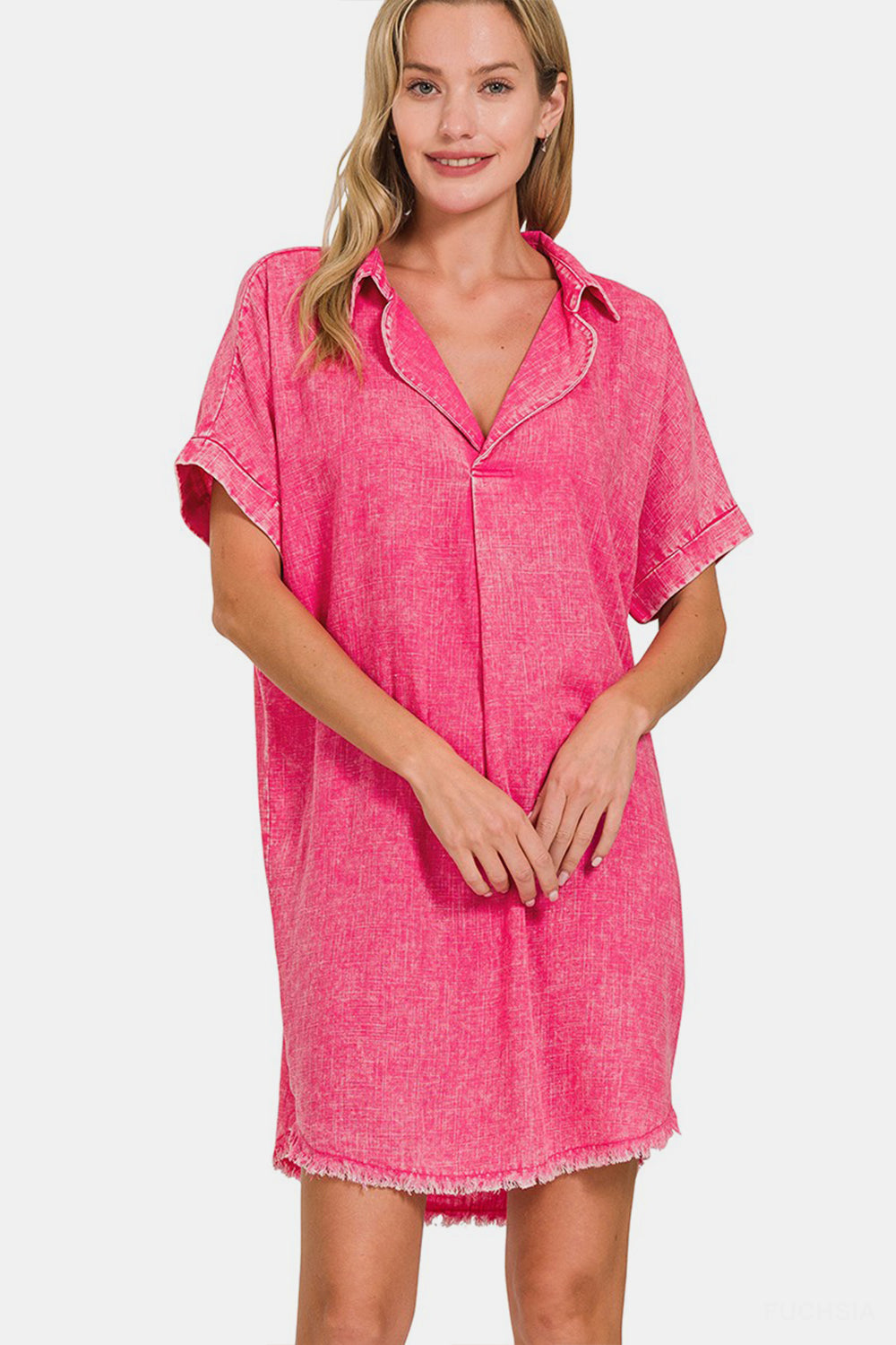 Zenana Washed Linen V-Neck Raw Hem Dress-TOPS / DRESSES-[Adult]-[Female]-FUCHSIA-S-2022 Online Blue Zone Planet