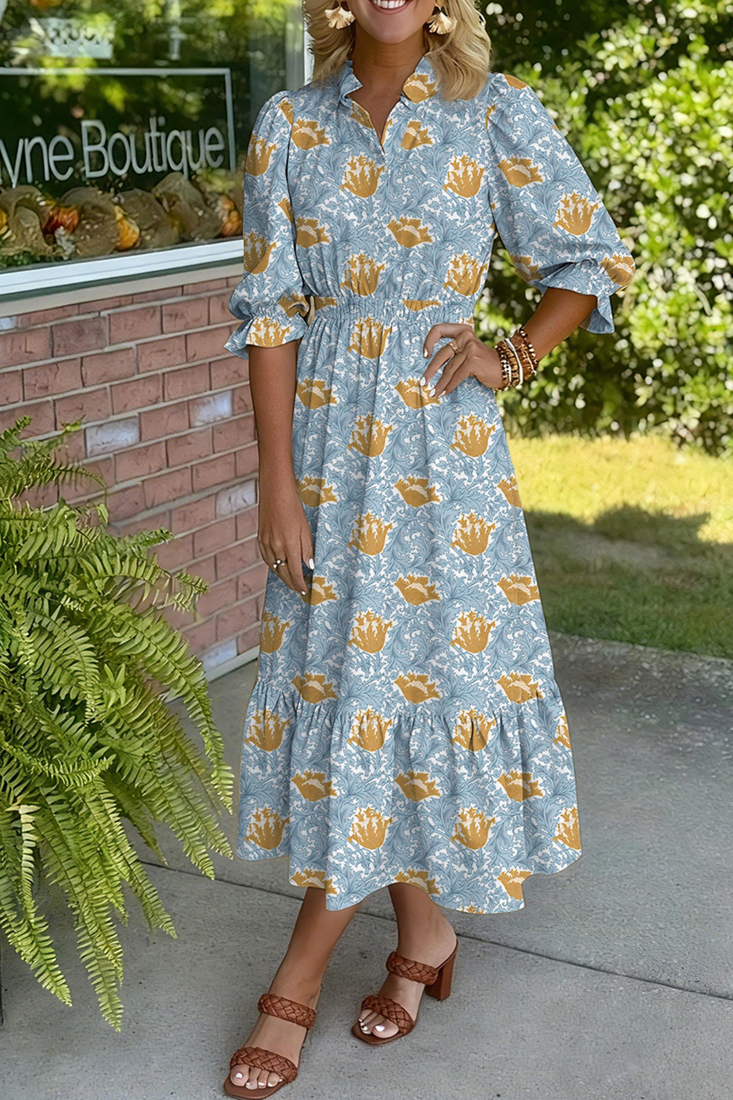 Brown Floral Printed Frilled V Neck Bracelet Sleeve Long Dress-Bracelet-[Adult]-[Female]-2022 Online Blue Zone Planet