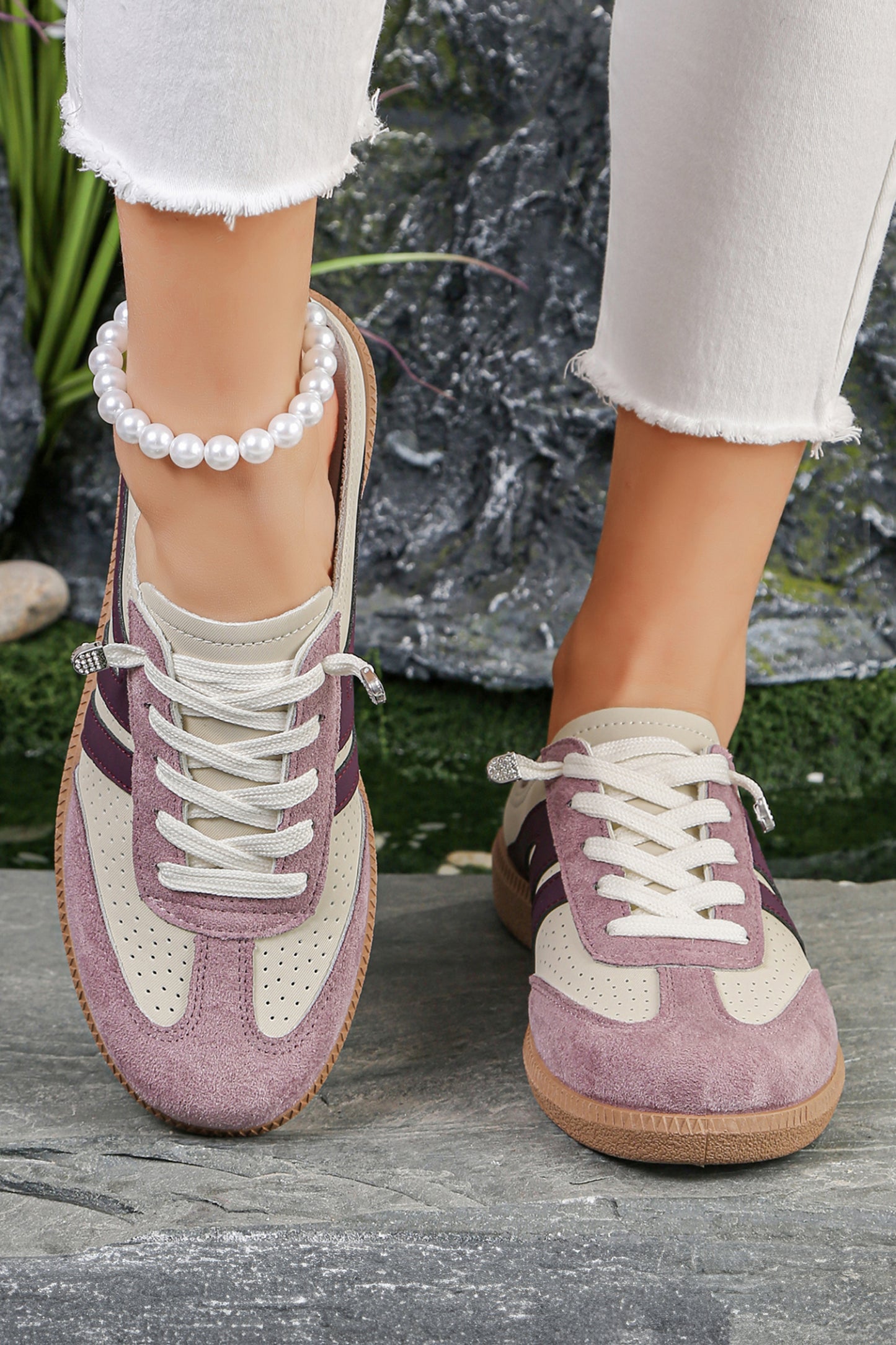 Pink Eyelet PU Leather Patchwork Color Pop Sneakers-Shoes & Bags/Womens Shoes-[Adult]-[Female]-2022 Online Blue Zone Planet