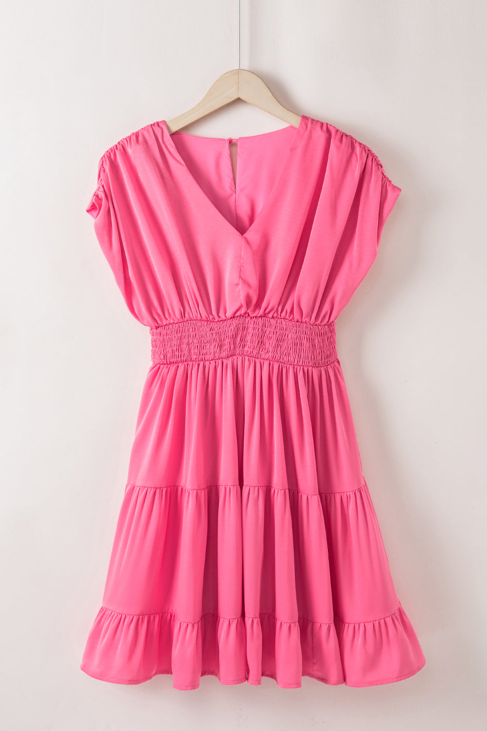 Strawberry Pink Ruched Sleeve V Neck Smock Waist Tiered Ruffled Dress Blue Zone Planet