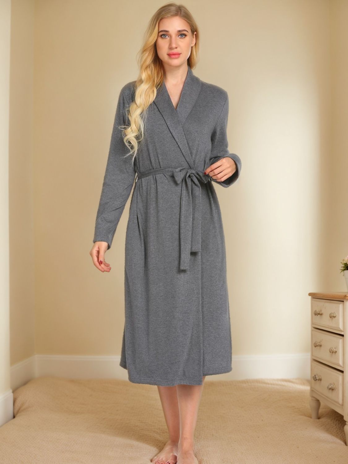 Tied Lounge Nightgown with Pockets-TOPS / DRESSES-[Adult]-[Female]-Gray-S-2022 Online Blue Zone Planet