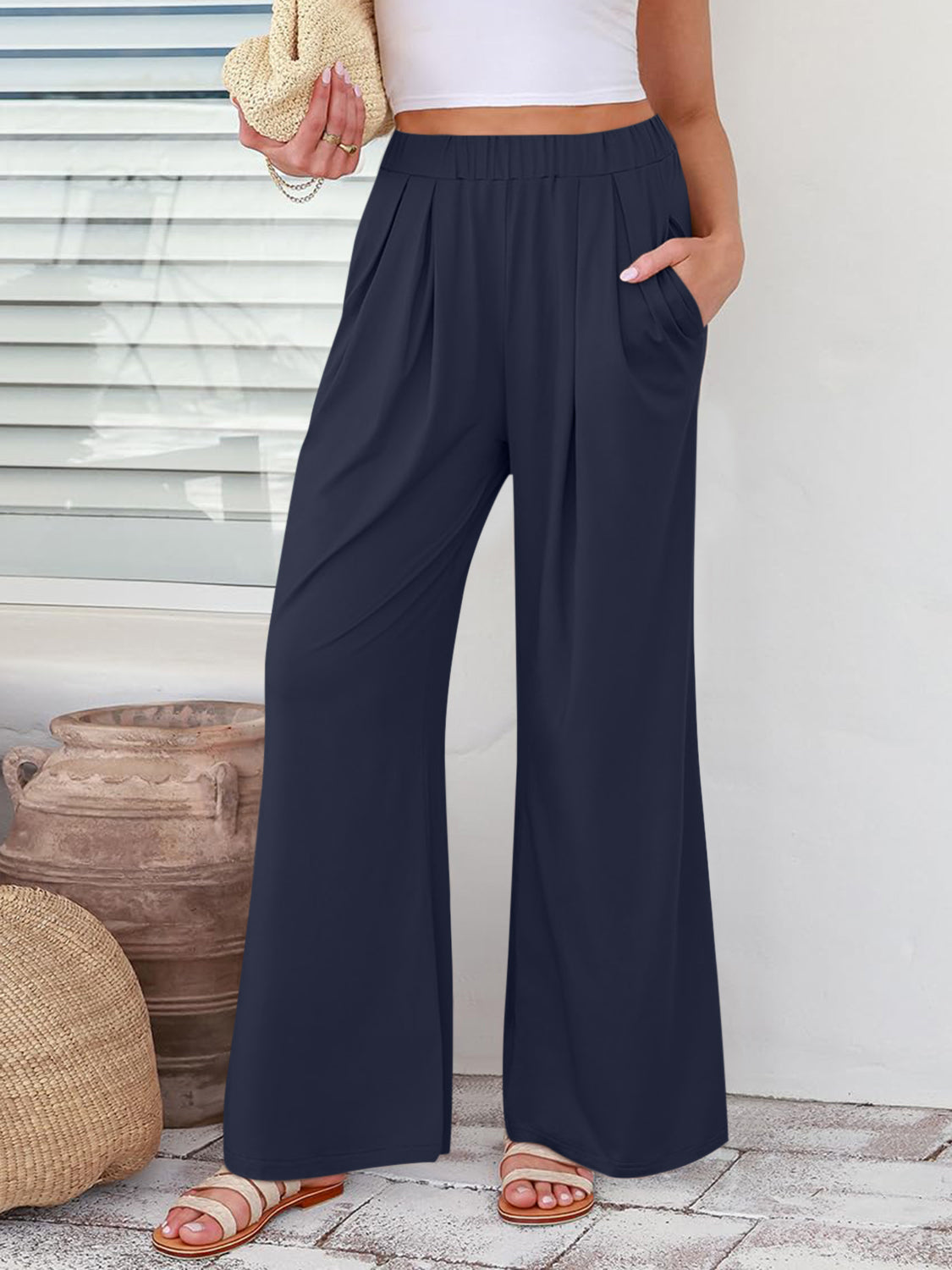 Elastic Waist Wide Leg Pants-BOTTOMS SIZES SMALL MEDIUM LARGE-[Adult]-[Female]-2022 Online Blue Zone Planet