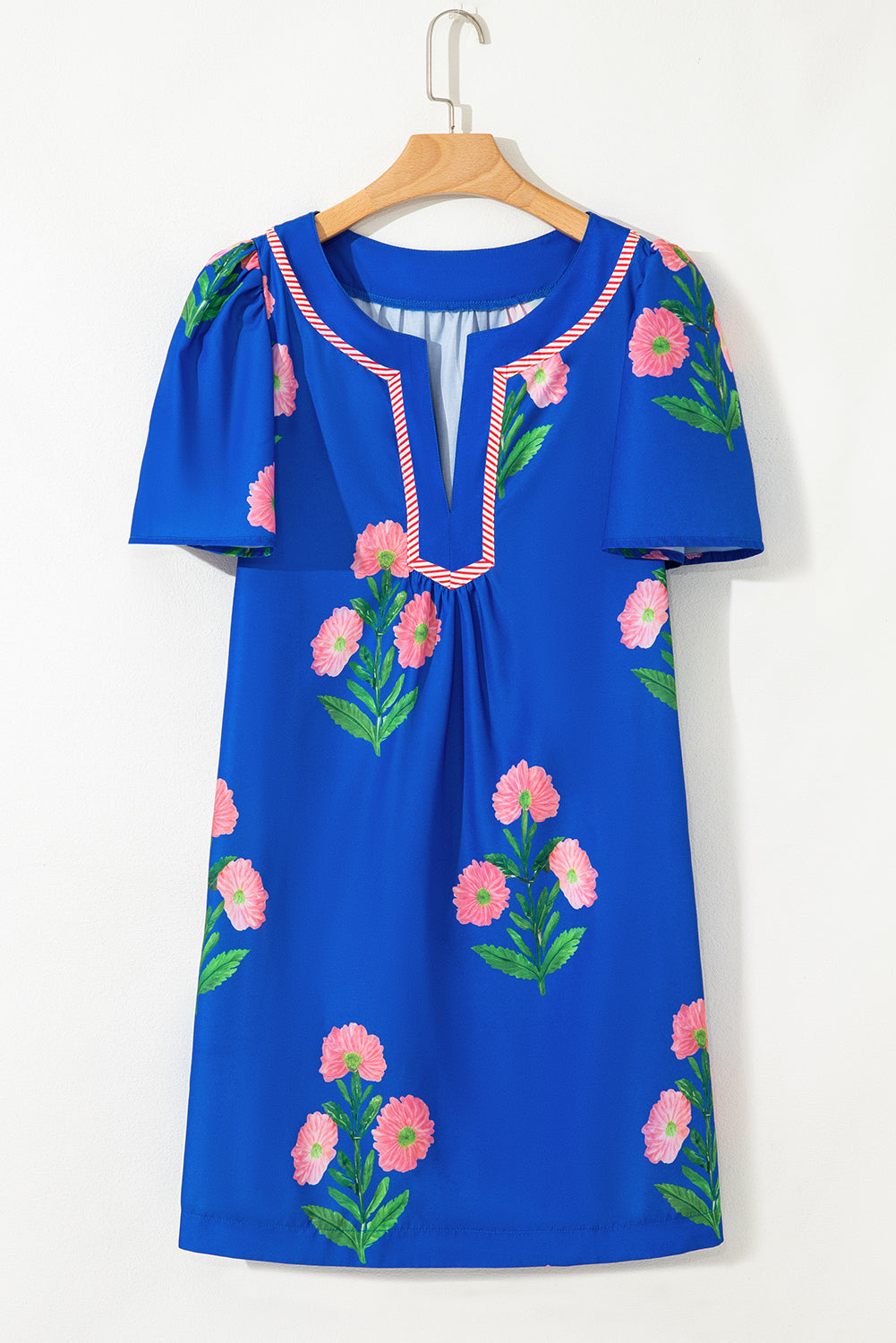 Blue Floral Short Sleeve Split Neck Loose Mini Dress - Blue / M / 100%Polyester Blue Floral Short Sleeve Split Neck Loose Mini Dress - Blue / M / 100%Polyester