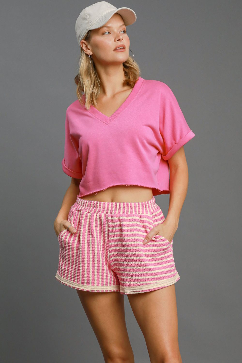 Umgee Elastic Waist Striped Shorts with Pockets-BOTTOMS SIZES SMALL MEDIUM LARGE-[Adult]-[Female]-2022 Online Blue Zone Planet