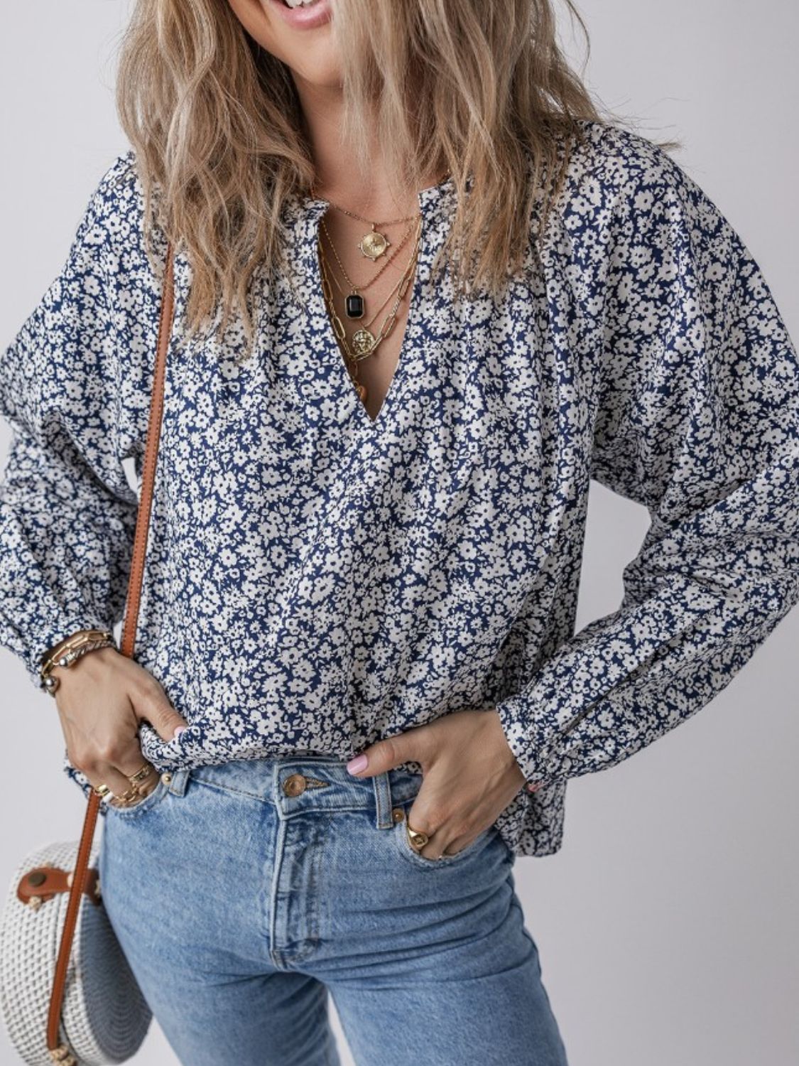 Floral Print Notched Long Sleeve Blouse-TOPS / DRESSES-[Adult]-[Female]-2022 Online Blue Zone Planet