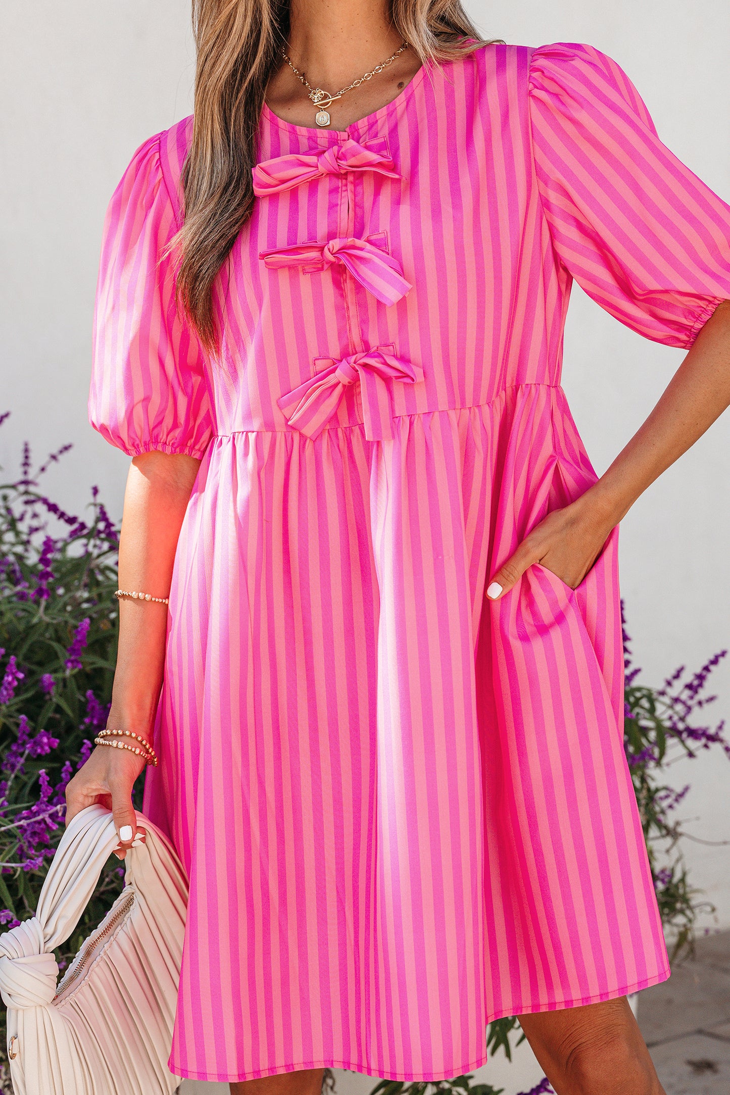 Rose Striped Print Bow Detail Short Puff Sleeve Mini Dress-TOPS / DRESSES-[Adult]-[Female]-2022 Online Blue Zone Planet