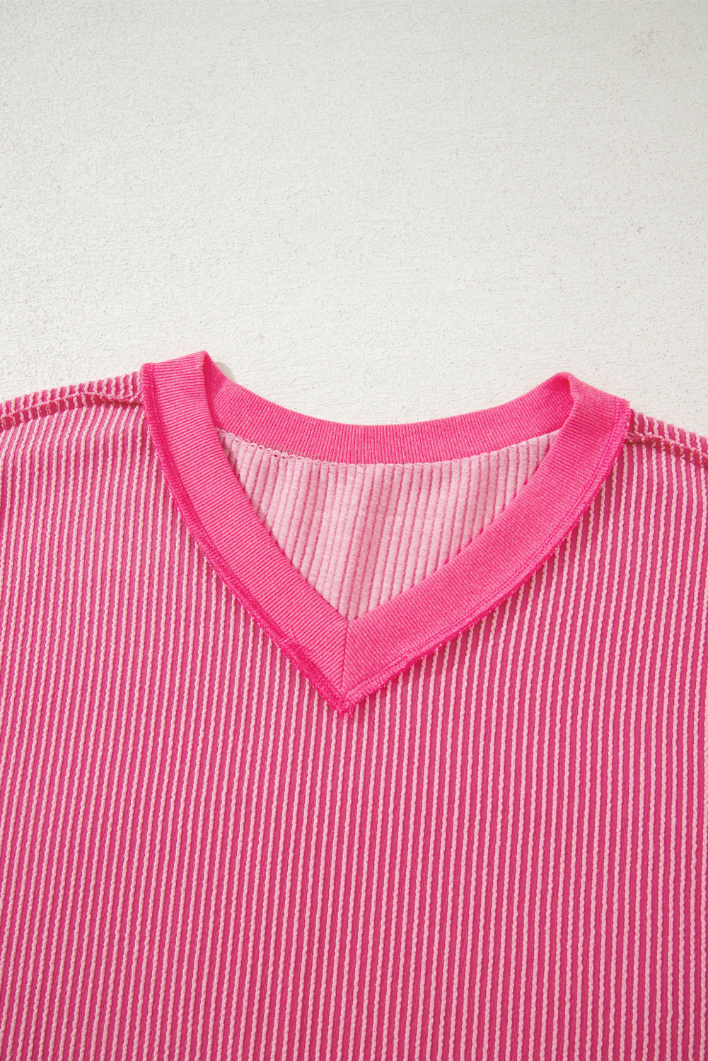 Rose Red Twisted Ribbed Knit V Neck Casual Tee-Tops/Tops & Tees-[Adult]-[Female]-2022 Online Blue Zone Planet
