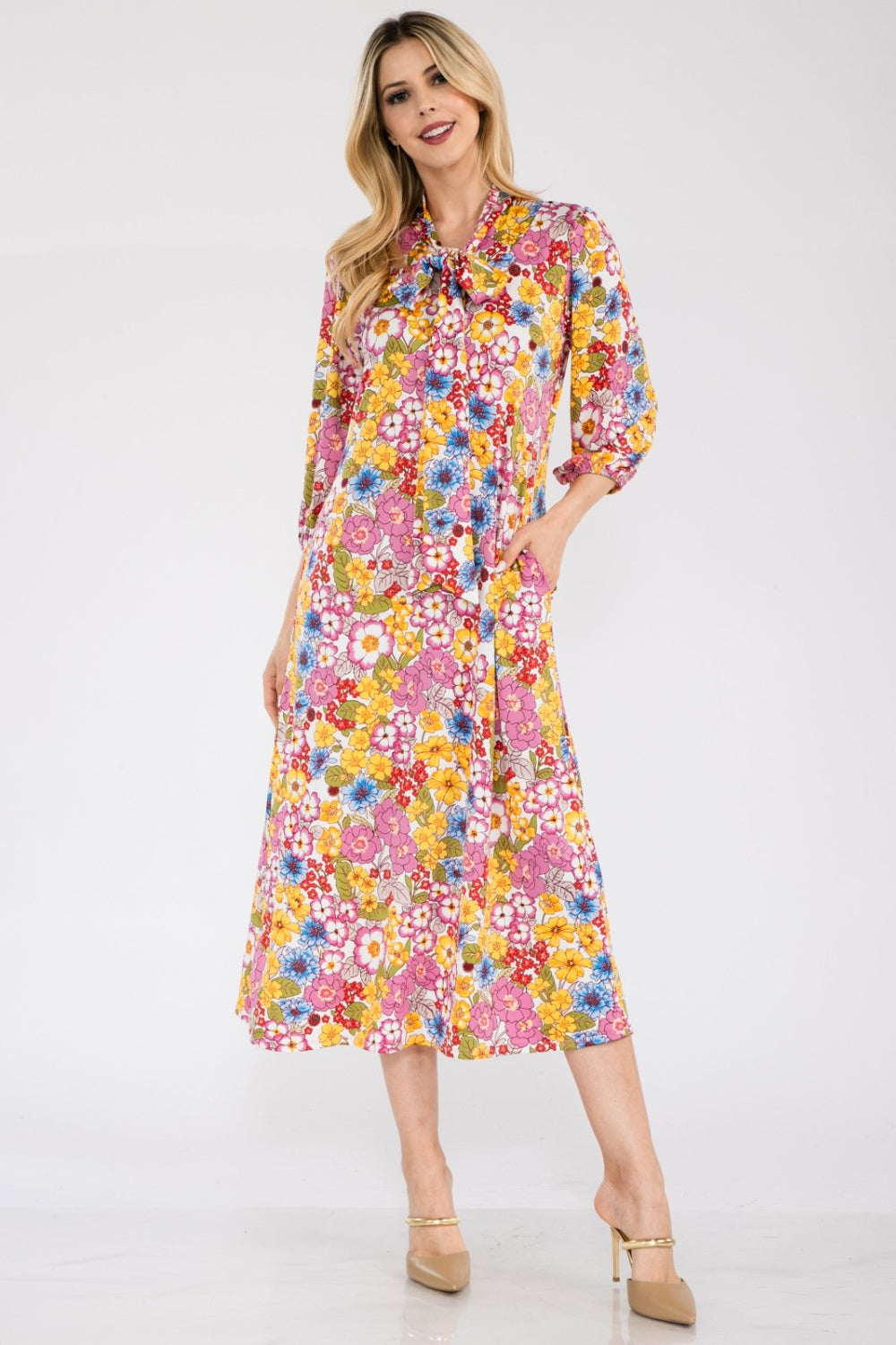 Celeste Full Size Floral Midi Dress with Bow Tied-TOPS / DRESSES-[Adult]-[Female]-2022 Online Blue Zone Planet