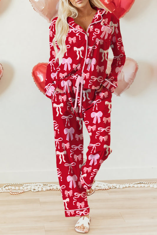 Red Sweet Bow Print Shirt Style Top Long 2pcs Pajama Set-Loungewear & Sleepwear/Sleepwear-[Adult]-[Female]-Red-S-2022 Online Blue Zone Planet