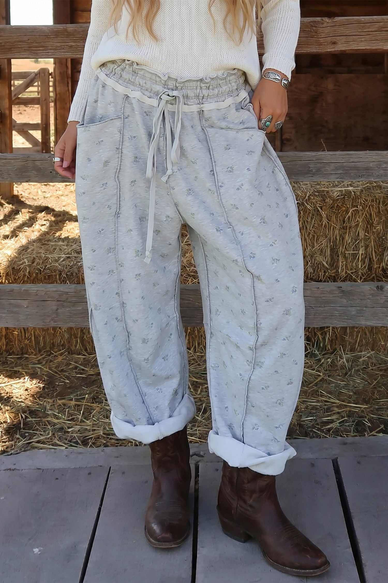 Gray Floral Print Elastic Waist Regular Fit Pants-Bottoms/Pants & Culotte-[Adult]-[Female]-2022 Online Blue Zone Planet