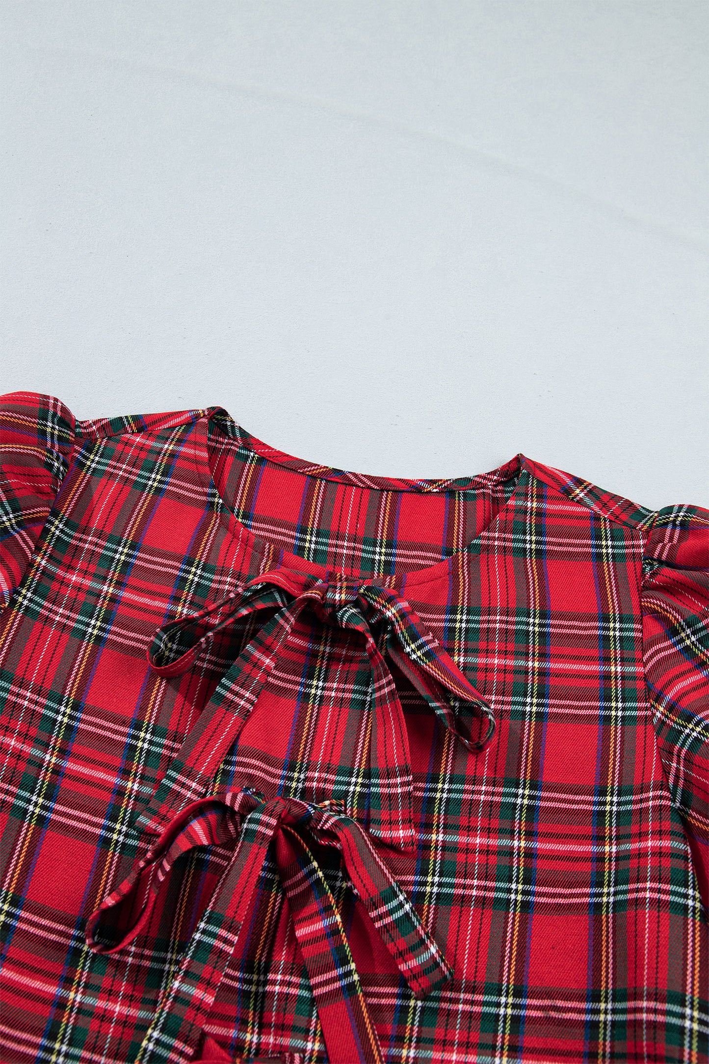 Red Plaid Knot Neck Short Sleeve Mini Shift Dress-TOPS / DRESSES-[Adult]-[Female]-2022 Online Blue Zone Planet
