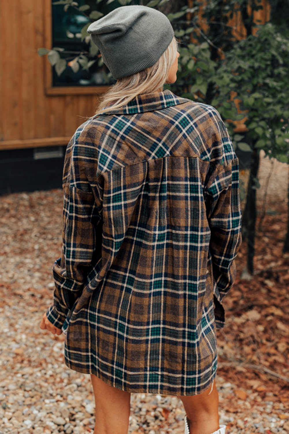 Brown Plaid Print Chest Pockets Buttoned Shacket-Jackets-[Adult]-[Female]-2022 Online Blue Zone Planet