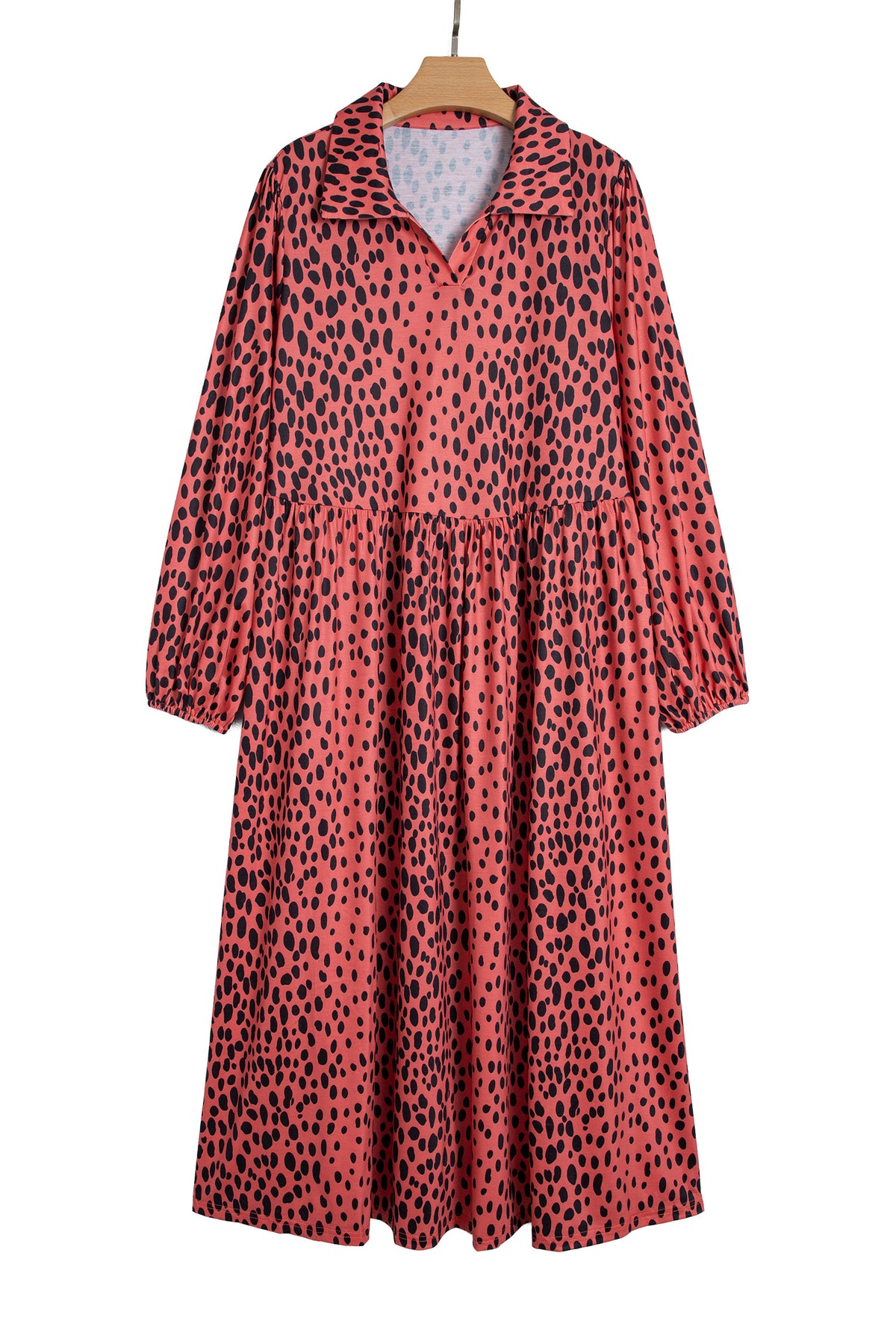 Red Leopard Print Long Sleeve V Neck Plus Size Midi Dress-TOPS / DRESSES-[Adult]-[Female]-2022 Online Blue Zone Planet