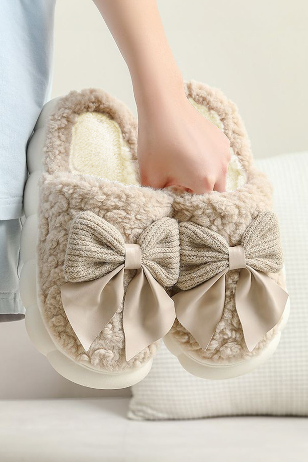 Blue Zone Planet | Pink Contrast Bowknot Applique Plush Winter Slippers-SHOES-[Adult]-[Female]-Camel-37-2022 Online Blue Zone Planet