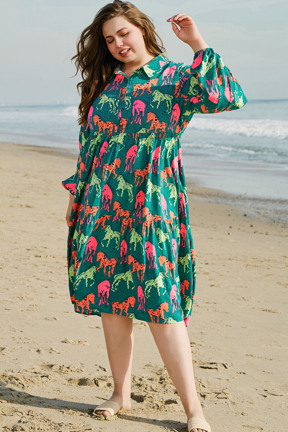 Blue Zone Planet | Green Horse Printed Long Sleeve Collared Buttoned Plus Size Midi Dress-TOPS / DRESSES-[Adult]-[Female]-2022 Online Blue Zone Planet