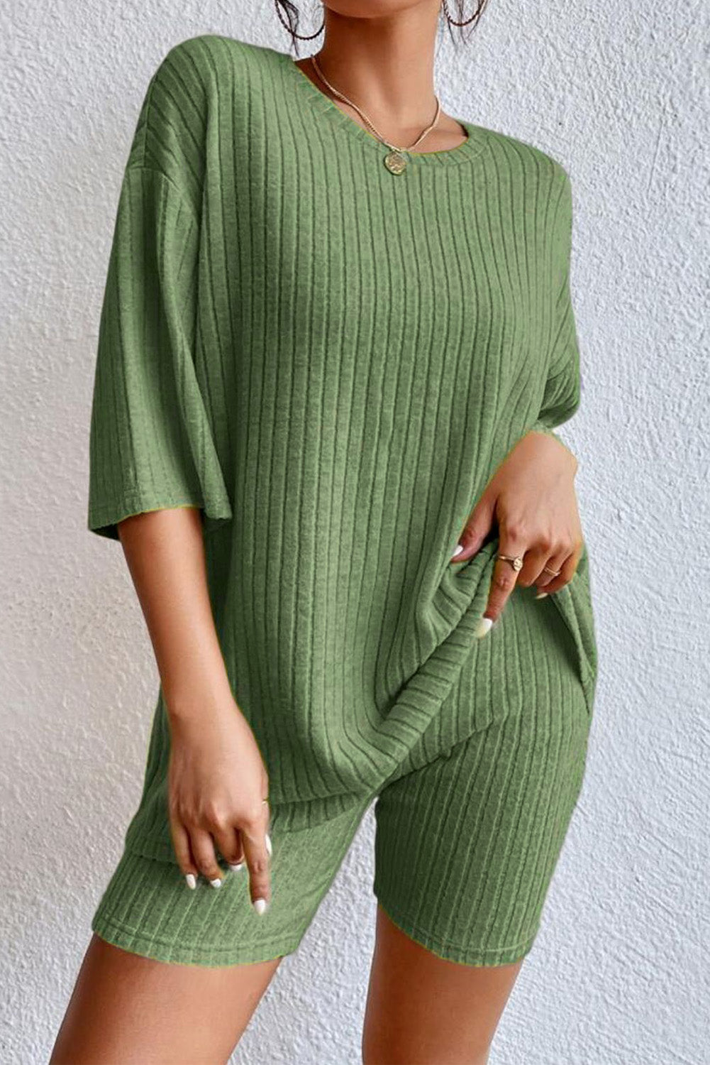 Gray Plain Ribbed Loose Fit Two Piece Lounge Set-Loungewear & Sleepwear/Loungewear-[Adult]-[Female]-Green-S-2022 Online Blue Zone Planet