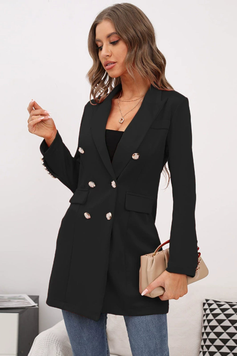 Buttoned Lapel Collar Long Sleeve Blazer-TOPS / DRESSES-[Adult]-[Female]-Black-S-2022 Online Blue Zone Planet