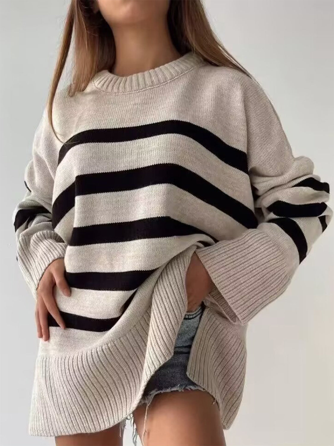 Slit Striped Round Neck Sweater-TOPS / DRESSES-[Adult]-[Female]-Dust Storm-S-2022 Online Blue Zone Planet