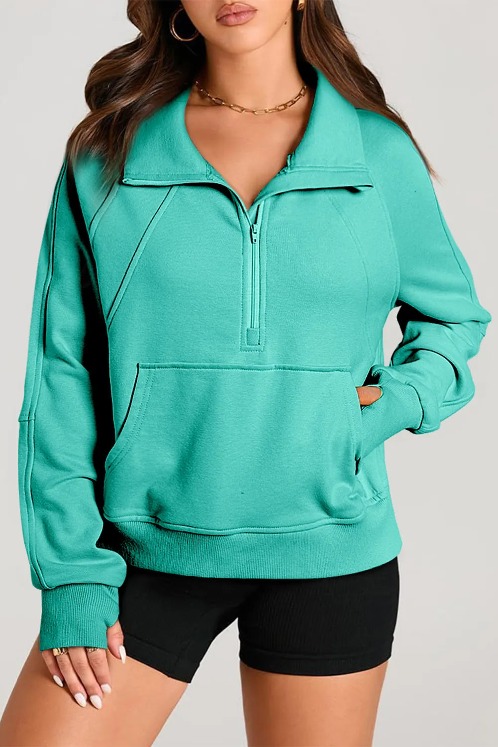 Half Zip Long Sleeve Sweatshirt-TOPS / DRESSES-[Adult]-[Female]-Turquoise-S-2022 Online Blue Zone Planet