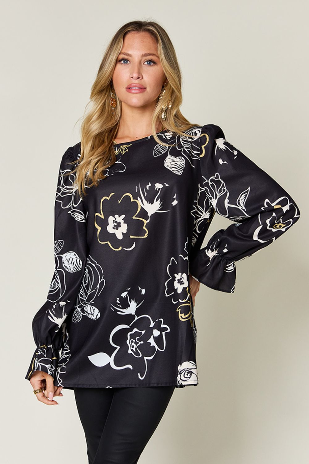 Blue Zone Planet | Double Take Full Size Printed Flounce Sleeve Blouse-TOPS / DRESSES-[Adult]-[Female]-Black-S-2022 Online Blue Zone Planet