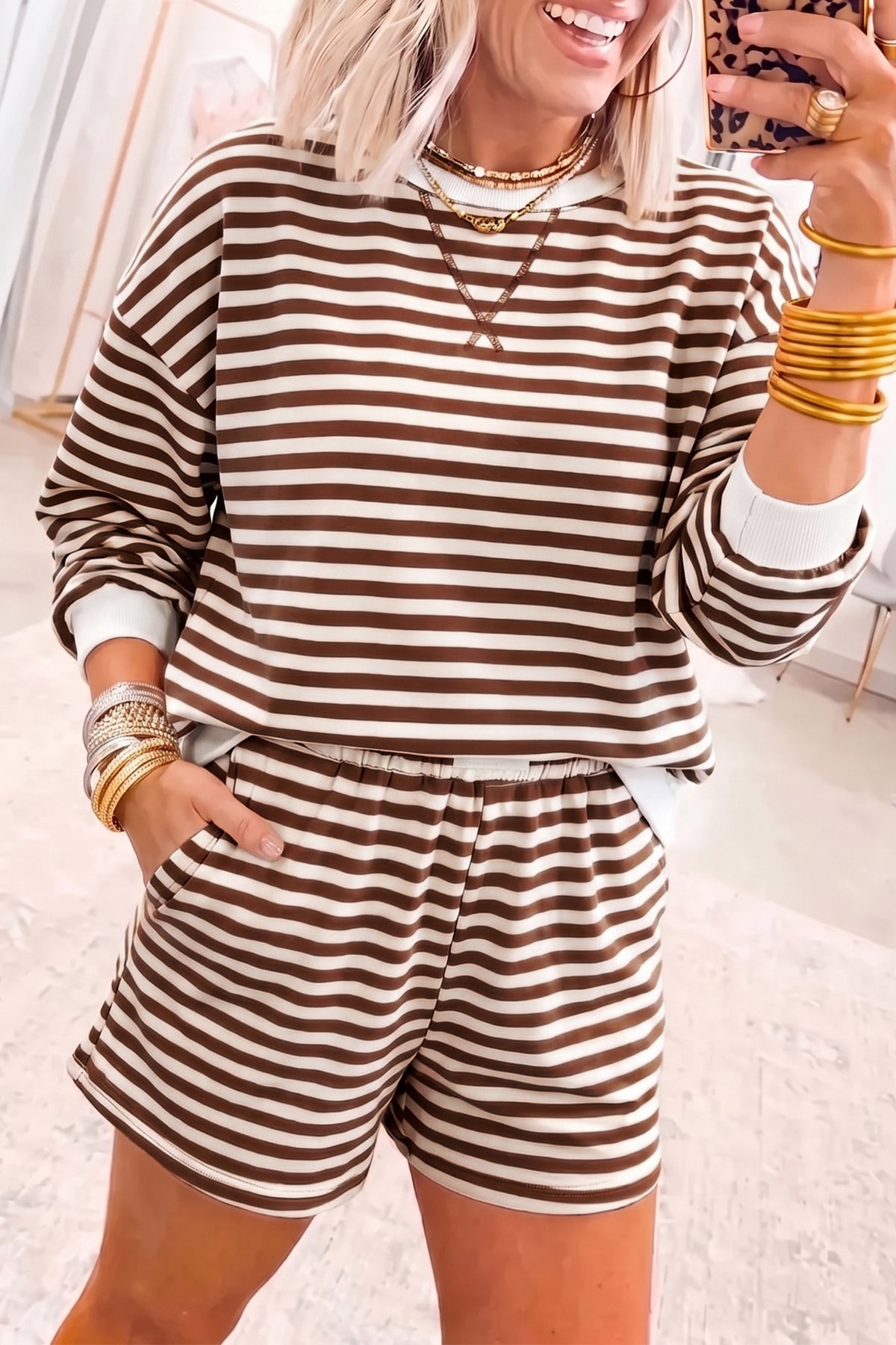 Grapefruit Orange Drop Shoulder Long Sleeve Pullover Elastic Waist Casual Short Set