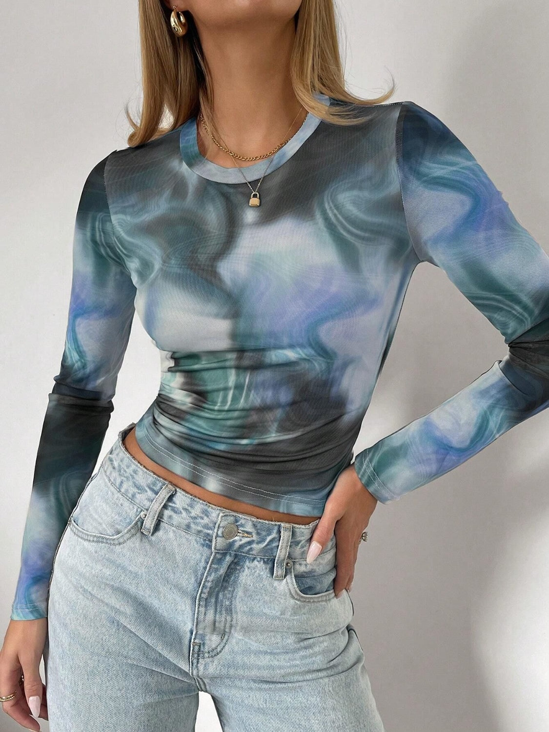 Tie-Dye Round Neck Long Sleeve T-Shirt-TOPS / DRESSES-[Adult]-[Female]-Deep Teal-S-2022 Online Blue Zone Planet