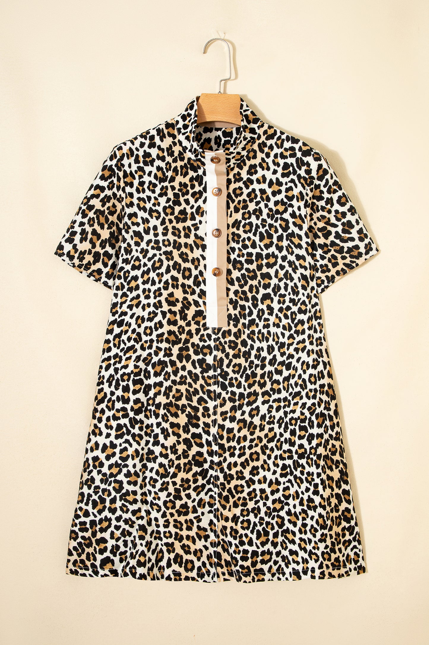 Multicolour Half Buttons Short Sleeve Loose Leopard Mini Dress with Pockets-TOPS / DRESSES-[Adult]-[Female]-2022 Online Blue Zone Planet