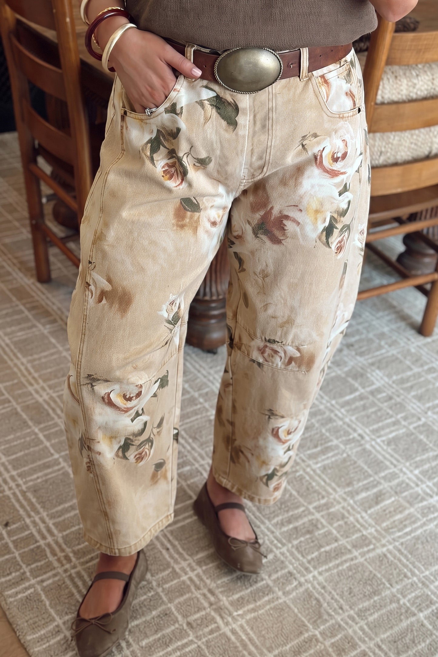 Khaki Retro Floral Print Relaxed Barrel Jeans