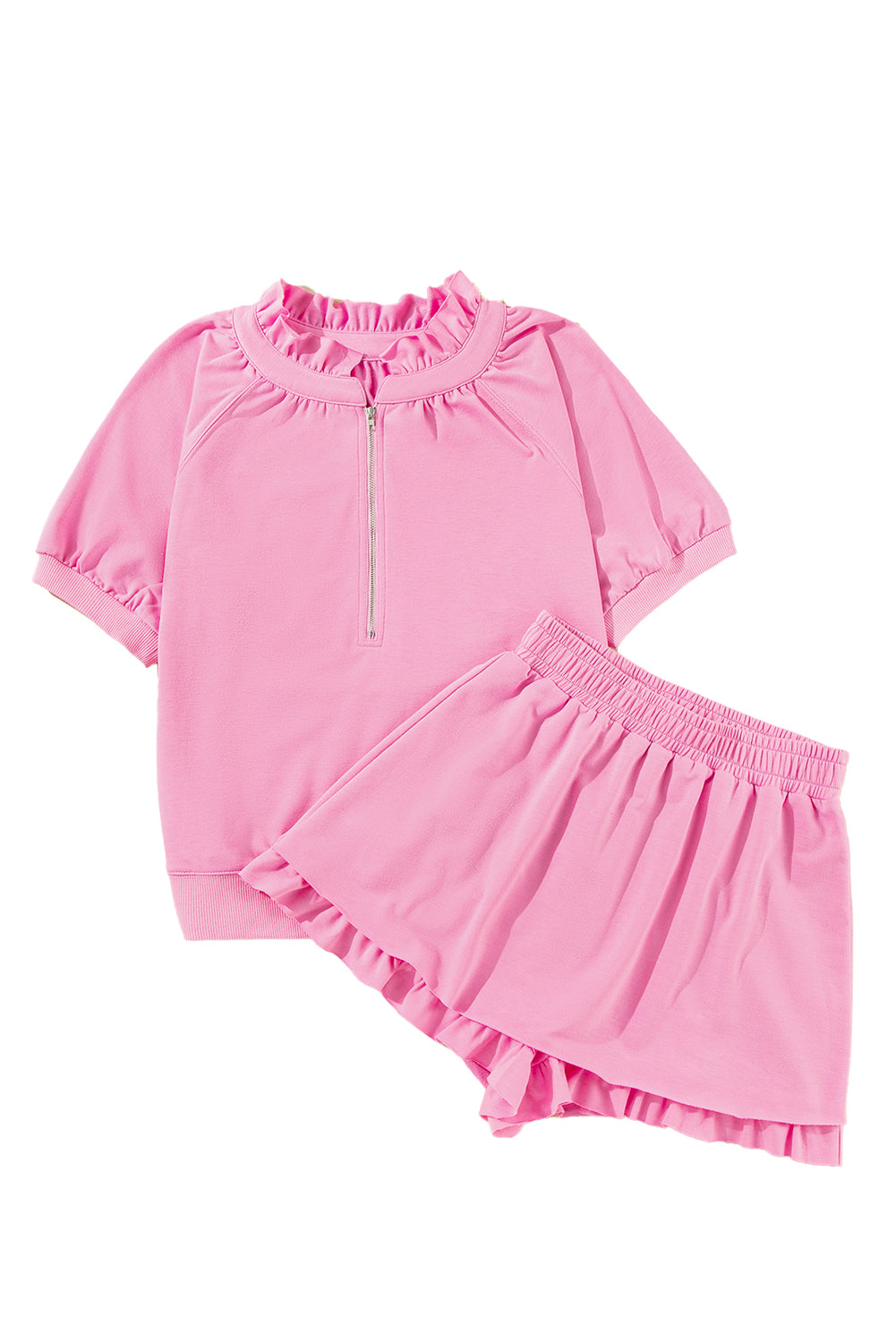 Pink Half Zip Puff Sleeve Top and Ruffle Shorts Set-Two Piece Shorts Sets-[Adult]-[Female]-2022 Online Blue Zone Planet