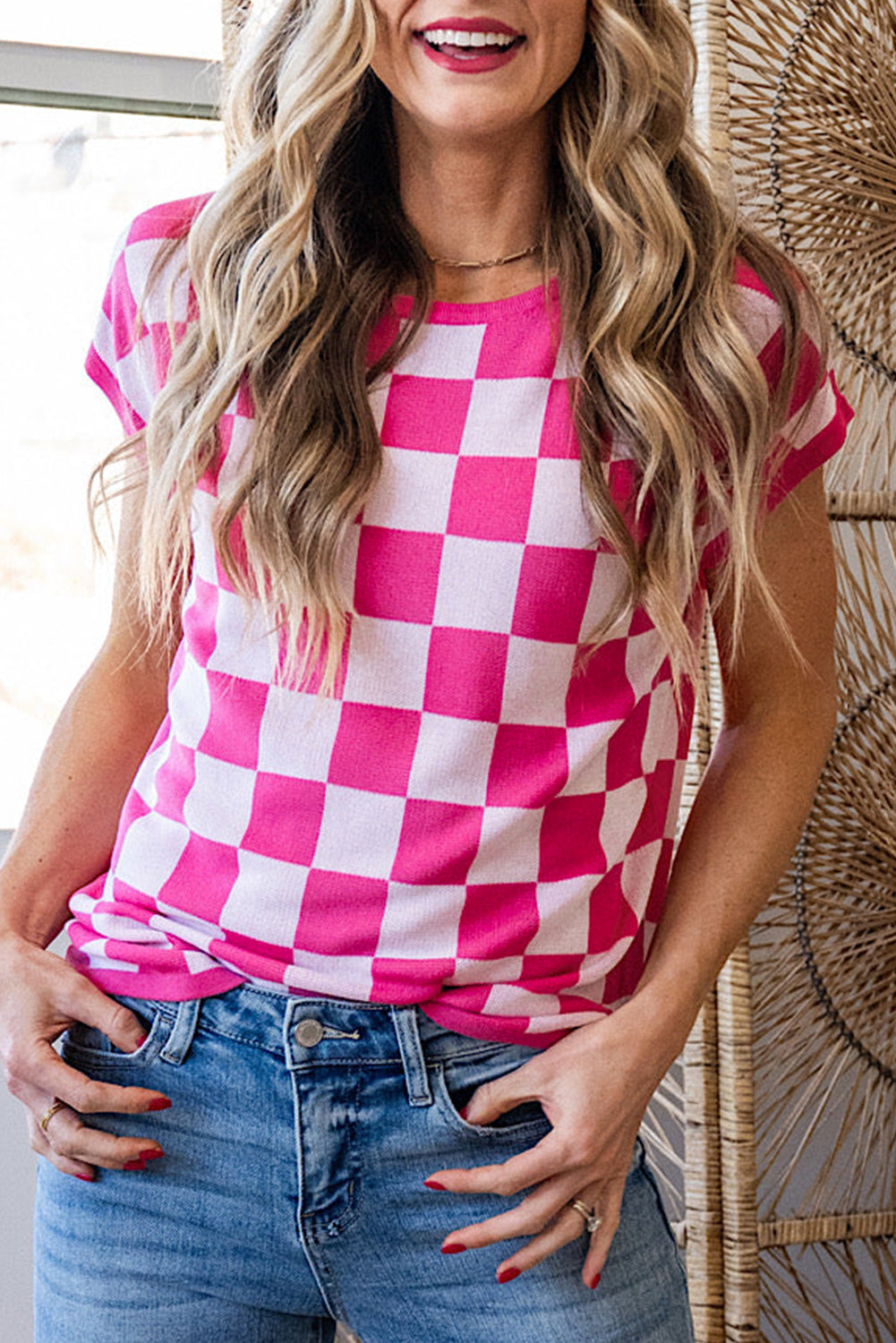 Rose Check Pattern Cap Sleeve Knitted Sweater-Sweaters & Cardigans/Short Sleeve Sweaters-[Adult]-[Female]-Rose-S-2022 Online Blue Zone Planet