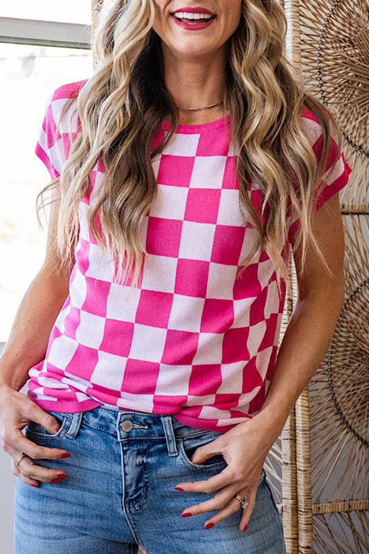 Rose Check Pattern Cap Sleeve Knitted Sweater-Sweaters & Cardigans/Short Sleeve Sweaters-[Adult]-[Female]-Rose-S-2022 Online Blue Zone Planet
