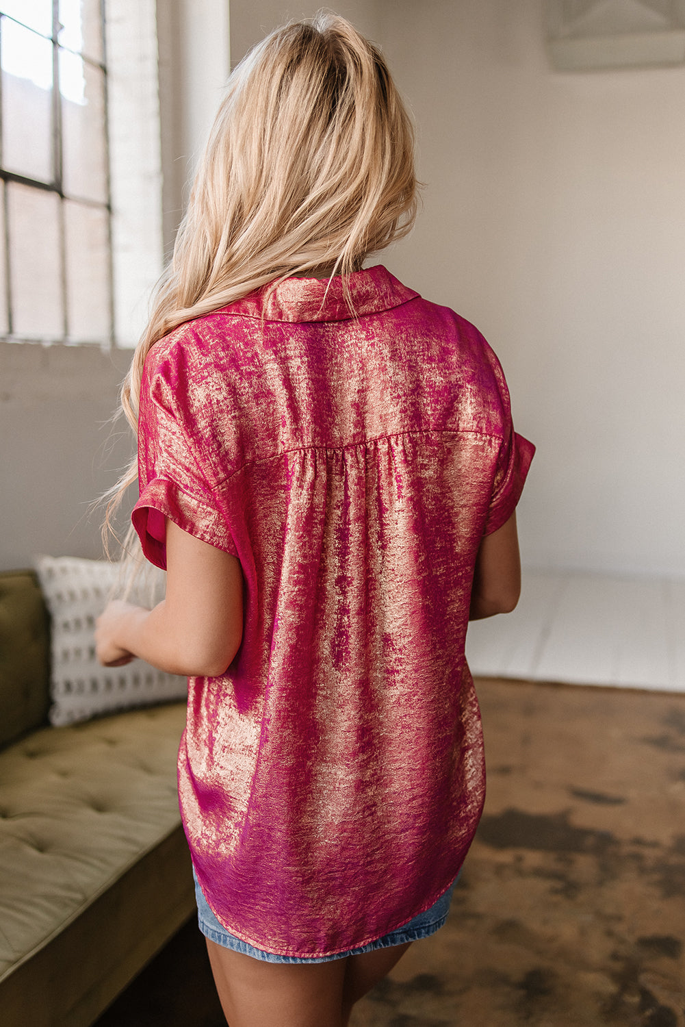 Rose Red Metallic Sheen Short Sleeve Buttoned Front Casual Shirt-Tops/Blouses & Shirts-[Adult]-[Female]-2022 Online Blue Zone Planet