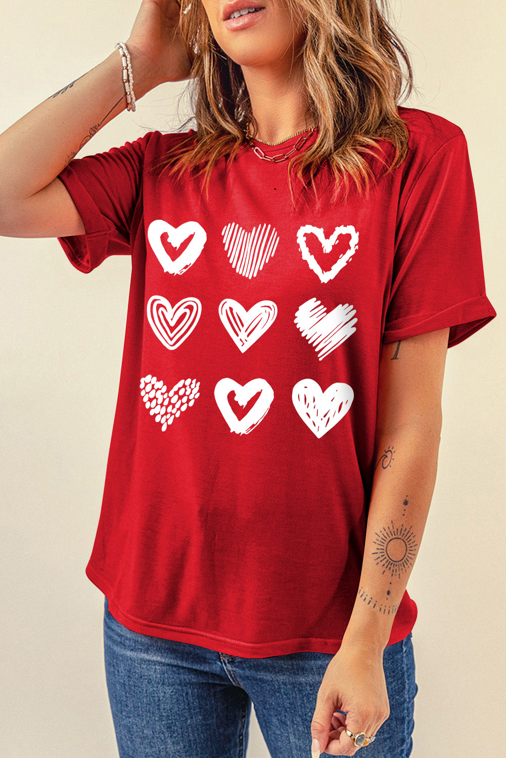 Red Diverse Heart Printed Crewneck Valentines Tee-Graphic Tees-[Adult]-[Female]-2022 Online Blue Zone Planet