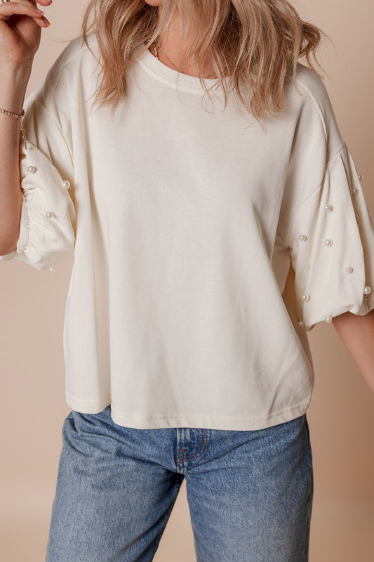 Pearl Detail Round Neck Half Sleeve Blouse-TOPS / DRESSES-[Adult]-[Female]-White-S-2022 Online Blue Zone Planet