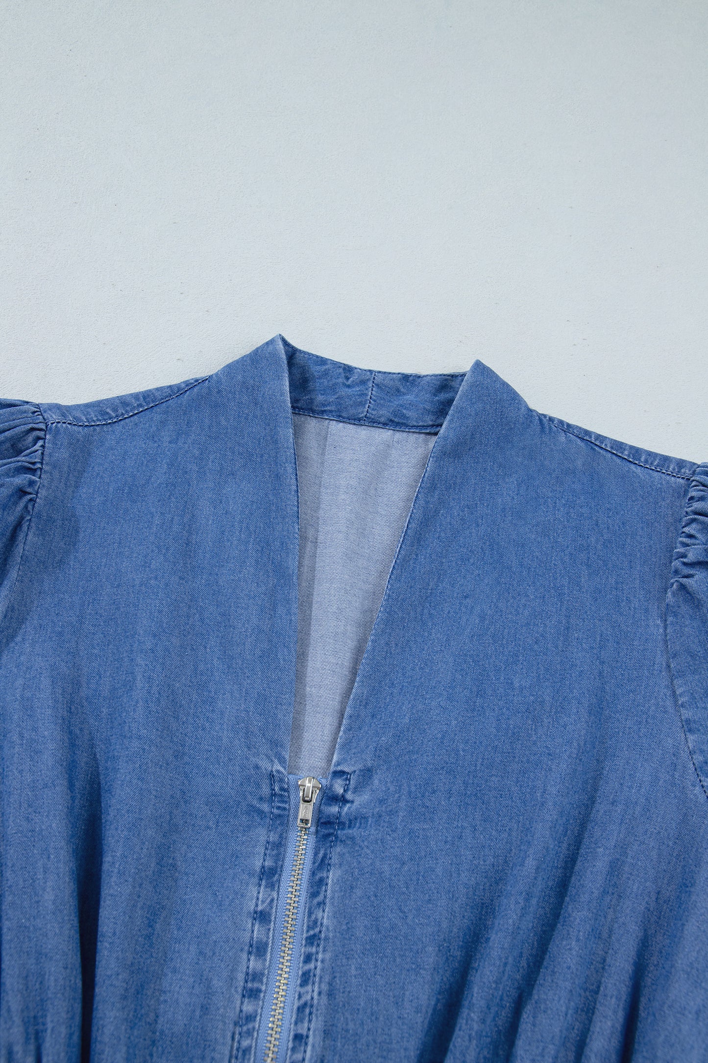 Blue V Neck Shirred Waist Metal Zipper Denim Midi Dress-TOPS / DRESSES-[Adult]-[Female]-2022 Online Blue Zone Planet