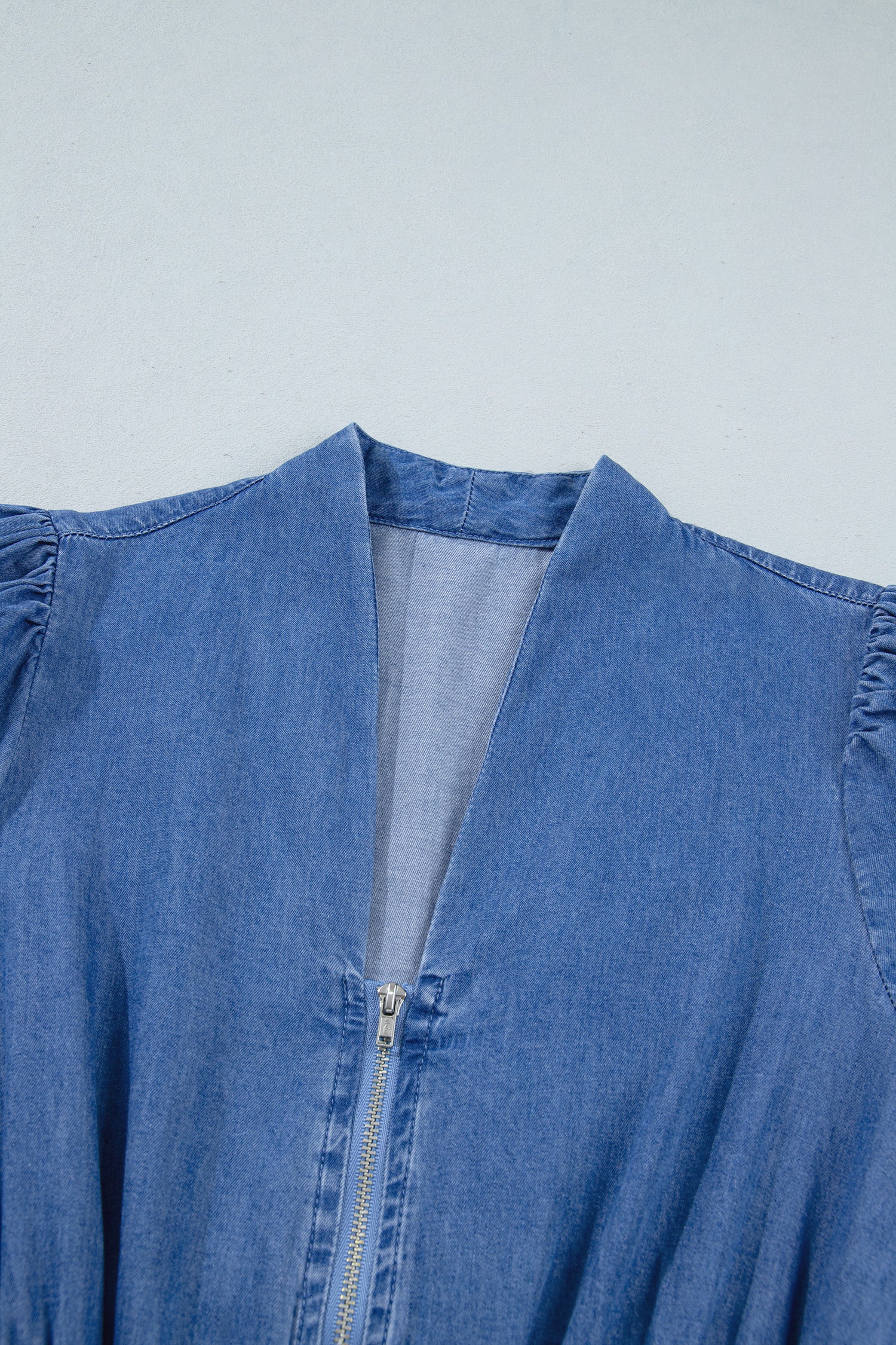 Blue V Neck Shirred Waist Metal Zipper Denim Midi Dress-TOPS / DRESSES-[Adult]-[Female]-2022 Online Blue Zone Planet